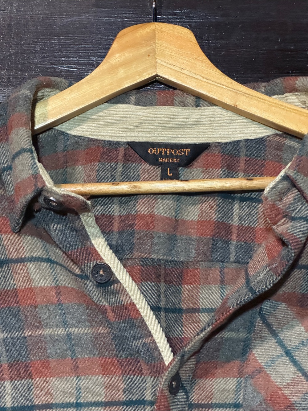 Outpost Makers Men's Plaid Flannel Shirt L Gray Orange with Corduroy Trim